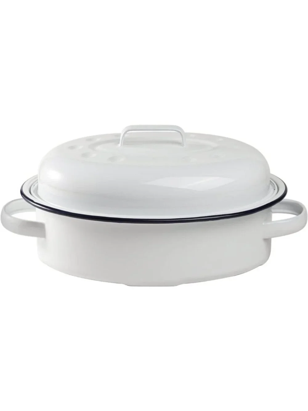 Vintage Farmhouse Oval Roasting Pan with Lid, Enameled Cookware, 15.5 Inch